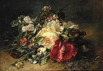 Stilleben med rosor och penséer (olja på duk)