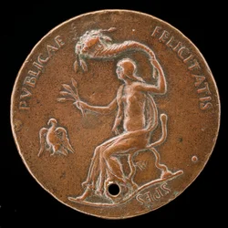 Felicitas sittande, med majsöron och viftande cornucopiae [omvänd], 1494 eller tidigare.