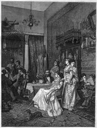 Amatörkonsert i en artists studio. Gravyr efter målningen av Adrien Moreau (1843-1906) i "The Illustrous Universe""