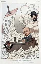 Tecknad film om den tyske förbundskanslern Gustav Stresemann (1878-1929) och märkets devalvering - Illustration av Adrien Barrere (1877-1931) i "" Fantasio""" av 1923-11-01