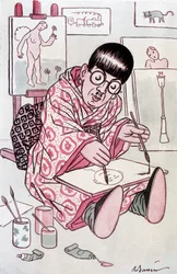 Tecknad serie som visar Tsuguharu Fujita, döpt Leonard Foujita, fransk målare av japanskt ursprung (1886-1968). Teckning av Barrere i Fantasio, 1927-04-01.