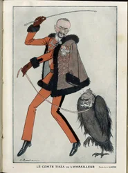 Illustration av A Barrere (1874-1931) i "" Fantasio"", 01/04/15 - Greve Tisza or the Stuffer - War of 14 -18, Österrike, Ungern - Eagle, Francois-Joseph 1st of Austria, Tisza Istvan - Animation
