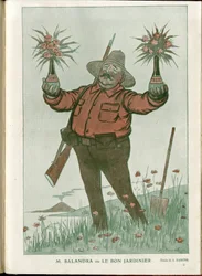 Illustration av A Barrere (1874-1931) i "" Fantasio""", 01/06/15 - Mr. Salandra or the Good Gardener - War of 14 -18, Italien, Vin, Neutralitet, Blommor, Vulkanutbrott, Ordförande för rådet, Trieste - Salandra Antonio