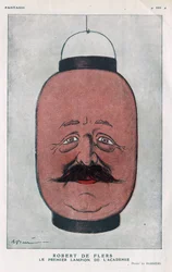 Robert Pelleve de La Motte-Ango (Motte Ango), Marquis de Flers, fransk dramatiker (1872-1927). (Akademins första lykta). Tecknad av Barrere i "" Fantasio"" från juni 1921.