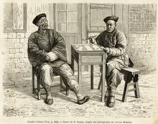 Schackspelare. Gravyr efter A.Maries teckning, för att illustrera resan till Pekin och norra Kina, av T.Choutze, 1873, publicerad i "" Le tour du monde""" 1876, redigerad av Edouard Charton, upplaga Hachette, Paris. Selva samling.