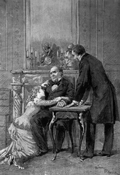 Teaterföreställning: 1:a akten av ""Jean Baudry"" av Auguste Vacquerie (1819-1895) med Miss Bertet (Andree), Mr. Barre (Bruel), Edmond Got (1822-1901) (Jean Beaudry). Paris, Comedie Francaise