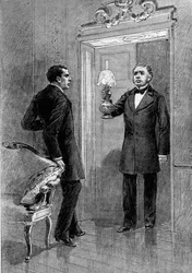 Teaterföreställning: 4:e akten av ""Jean Baudry"" av Auguste Vacquerie (1819-1895) med Gustave Hippolyte Worms (1836-1910) (Olivier), Edmond Got (1822-1901) (Jean Beaudry). Paris, Comedie Francaise