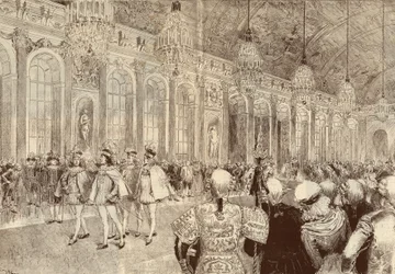Processionen av riddarna av den Helige Andeorden (Helig Ande) i Versailles slotts isgalleri på pingstdagen 1789. Teckning av Adrien Marie från 1889.