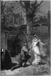 Teaterframställning: "Kungen har roligt" av Victor Hugo (1808-1883). Akt II scen 5: Triboulets hus, kung Francois 1:a (Mounet Sully (eller Mounet Sully) 1841-1916) vid fötterna av Blanche (Julia Bartet