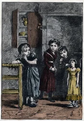 Thenardiers två döttrar, Eponine och Azelma, ser på Cosette, som fick dockan Catherine - Illustration av Adrien Marie (1848-1891) till ”Samhällets olycksbarn - Andra delen: Cosette” av Victor Hugo (1802-1885), 1862