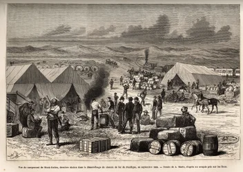 Vy över lägret Black Buttes, sista stationen i den röda öknen (Mojaveöknen) av Pacific Railway, i september 1868, gravyr efter teckningen av A.Marie, som illustrerar resan från Washington till San Francisco, 1868, av L. Simonin, publicerad i