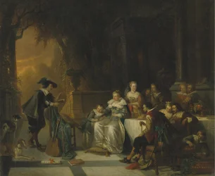 John Dryden läser en av sina dikter inför domstolen, 1869