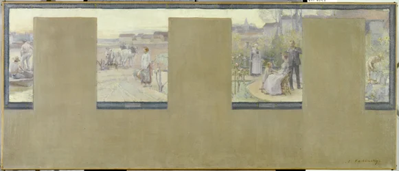 Skiss till stadshuset i Nogent-sur-Marne: Le canotage - le labourage - la villégiature - le jardinage, en 1889 (olja på duk (armure))