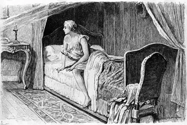 Gravyr av Adrien Moreau (1843-1906) som illustrerar "" Candide"" av Francois Marie Arouet dit Voltaire (1694-1778).