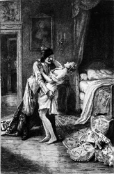 Gravyr av Adrien Moreau (1843-1906) som illustrerar "" Candide"" av Francois Marie Arouet dit Voltaire (1694-1778).