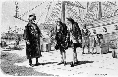 Gravyr av Adrien Moreau (1843-1906) som illustrerar "" Candide"" av Francois Marie Arouet dit Voltaire (1694-1778).