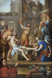Saint Adriens martyrskap (död 306). Målning av Adrien Sacquespee (1629-1688), olja på duk