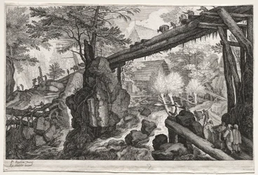 Åtta bohemiska landskap: Landskap med stockbro över grå starr, ca. 1610-1615.