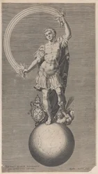 Allegorisk figur av en krigare stående på en jordglob med det påvliga vapnet a..., ca. 1588-1629.