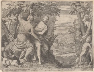 Angelica och Medoro, de står bredvid en bäck när Medoro ristar in sina namn i en tr..., 1590-98.