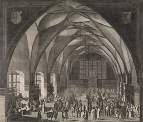 Interiörvy av Vladislav Hall på Pragborgen under den årliga mässan, 1607., 1607.