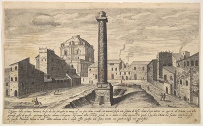 Skylt 31: vy av Trajanus kolumn, visad med sin piedestal utgrävd från jorden, su..., 1606.