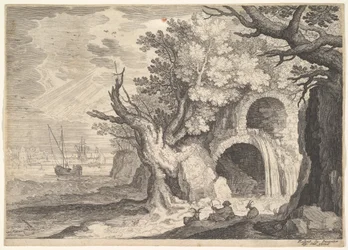 Förstörd akvedukt med vatten som rinner ut från den till en bäck nedanför, fartyg till havs bortom, en ..., ca. 1600.