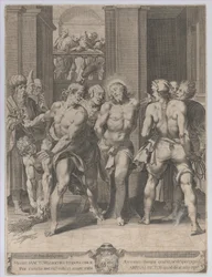 Kristi flagellation, med floggers på båda sidor och figurer som tittar på från en balkong..., 1593.