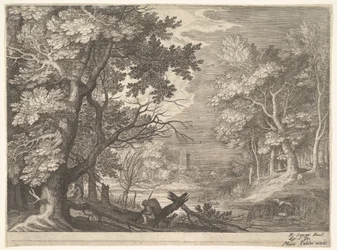 Skogsscen med sumpiga stränder, två män och en hund i profil till vänster, två-långhalsad..., ca. 1600.