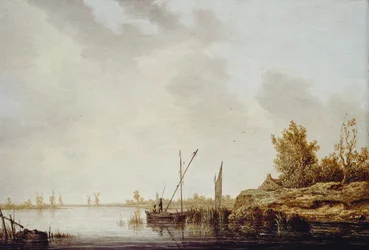 En flodscen med avlägsna väderkvarnar, c.1640-42