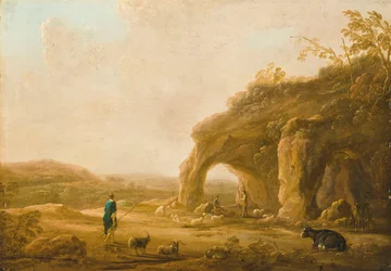 Ett italienskt landskap med herdar vid en grotta