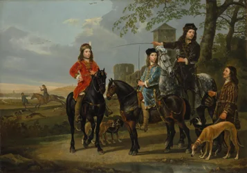 Ridsporträtt av Cornelis och Michiel Pompe van Meerdervoort med deras lärare och kusk, Starting for the Hunt, ca 1652-53