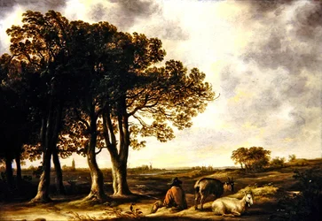 Getherde i landskap, en avlägsen utsikt över Amsterdam (olja på panel)