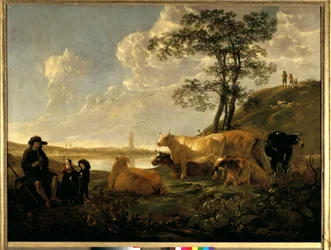 Landskap nära Rhenen: betande kor och en herde som spelar flöjt. Målning av Albert (Aelbert eller Aelbrecht) Cuyp (1620-1691)