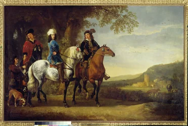 Landskap med tre ryttare Målning av Albert (Aelbert eller Aelbrecht) Cuyp (1620-1691)