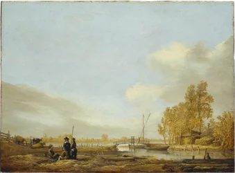 Flodlandskap med gångbro