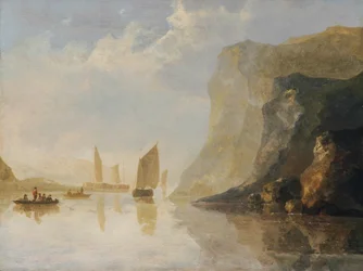 Flodlandskap med båtar