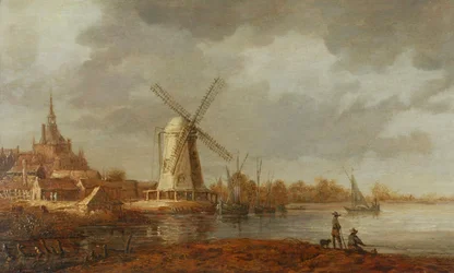 Flodscen med utsikt över Dordrecht (olja på panel)