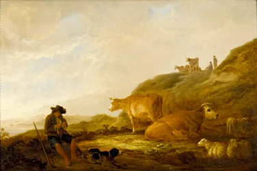 Sittande herde med kor och får på en äng, c1644