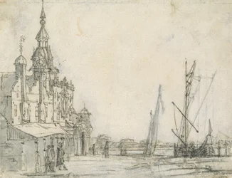 Utsikt över Groothoofdspoort från nordost, Dordrecht, 1618 (krita på papper)
