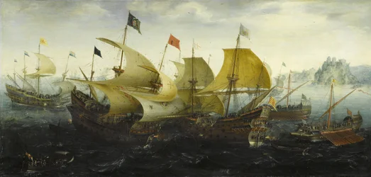 Slaget vid Cadiz Holländska och engelska fartyg attackerar den spanska armadan, 1608