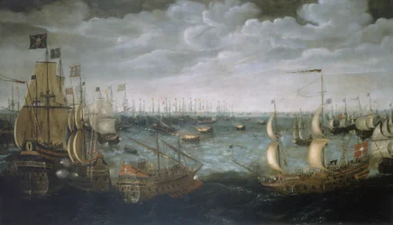 Sjösättning av eldskepp mot den spanska armadan, 7 augusti 1588, ca 1590 (olja på duk)
