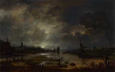 En flod nära en stad, vid månsken, ca. 1645
