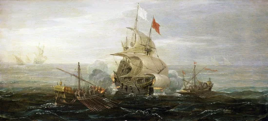 Barbareskpiraternas (eller de ottomanska korsarernas) attack på ett franskt handelsfartyg, Medelhavet. Olja på trä av Aert Anthonisz (ca 1579-1620).