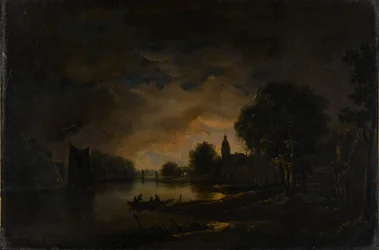 Flodutsikt i månsken, ca 1850-1875 (olja på duk)
