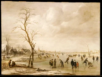 Ett vinterlandskap med stadsbor som åker skridskor och spelar kolf på en frusen flod, med en stad i fjärran