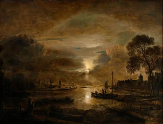 Månsken vid en holländsk flod, ca 1650 (olja på duk)