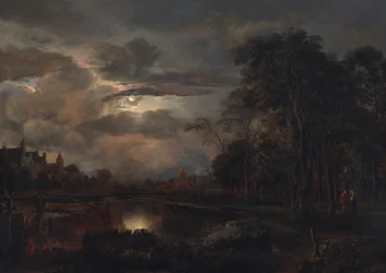 Månbelyst landskap med bro, troligen 16481650.