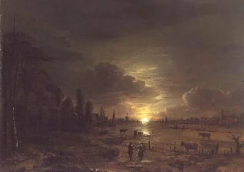 Flodlandskap med stigande måne