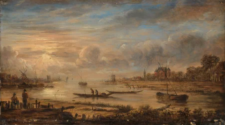 Utsikt över floden vid soluppgången, ca 1640 (olja på pannå)